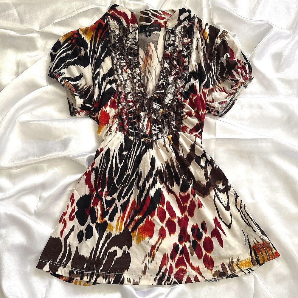 HeartSoul Animal Print Ruffle V-Neck Tunic Top Brown Red Y2K XS